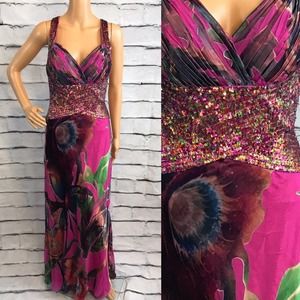 Hot Pink Floral Satin Sequins Prom Dress